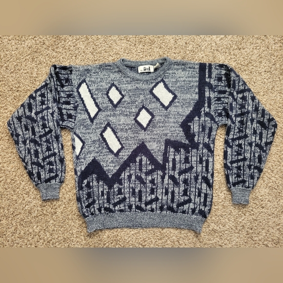 Vtg Vintage Jed Sweater Crew Neck Navy Blue Abstract Print Size Medium - Picture 1 of 6